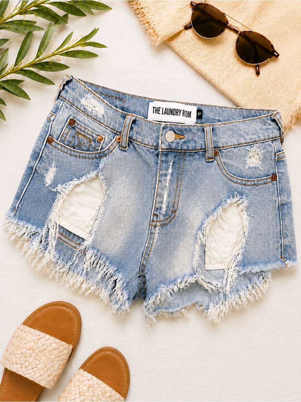 The Laundry Room High Rise Destroyed Denim Cutoff Shorts 27 Exposed Pockets